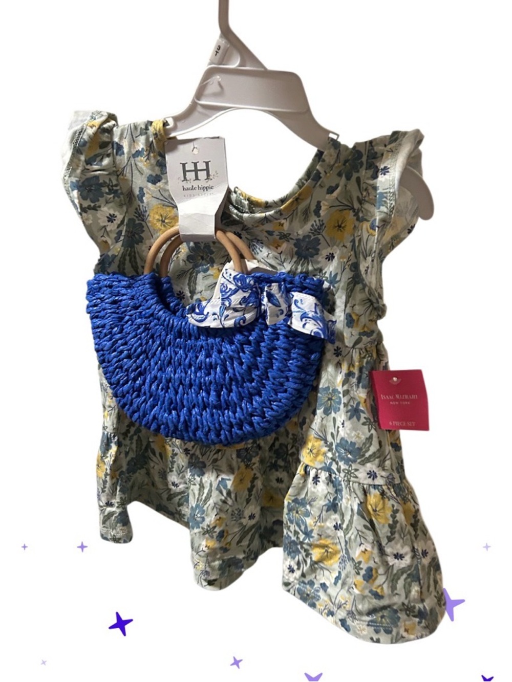 Haute Hippie Blue Straw Purse with Green and Yellow Floral Dress